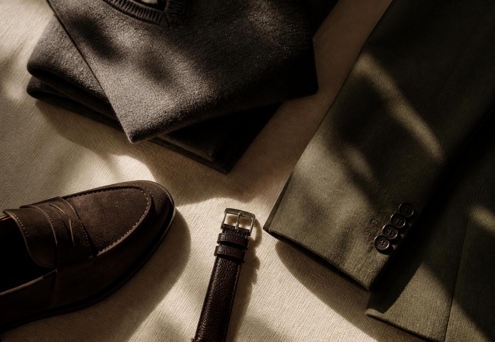 Editorial flat-lay of a cashmere knit, olive tailored jacket, suede loafer and leather watch strap on ivory linen